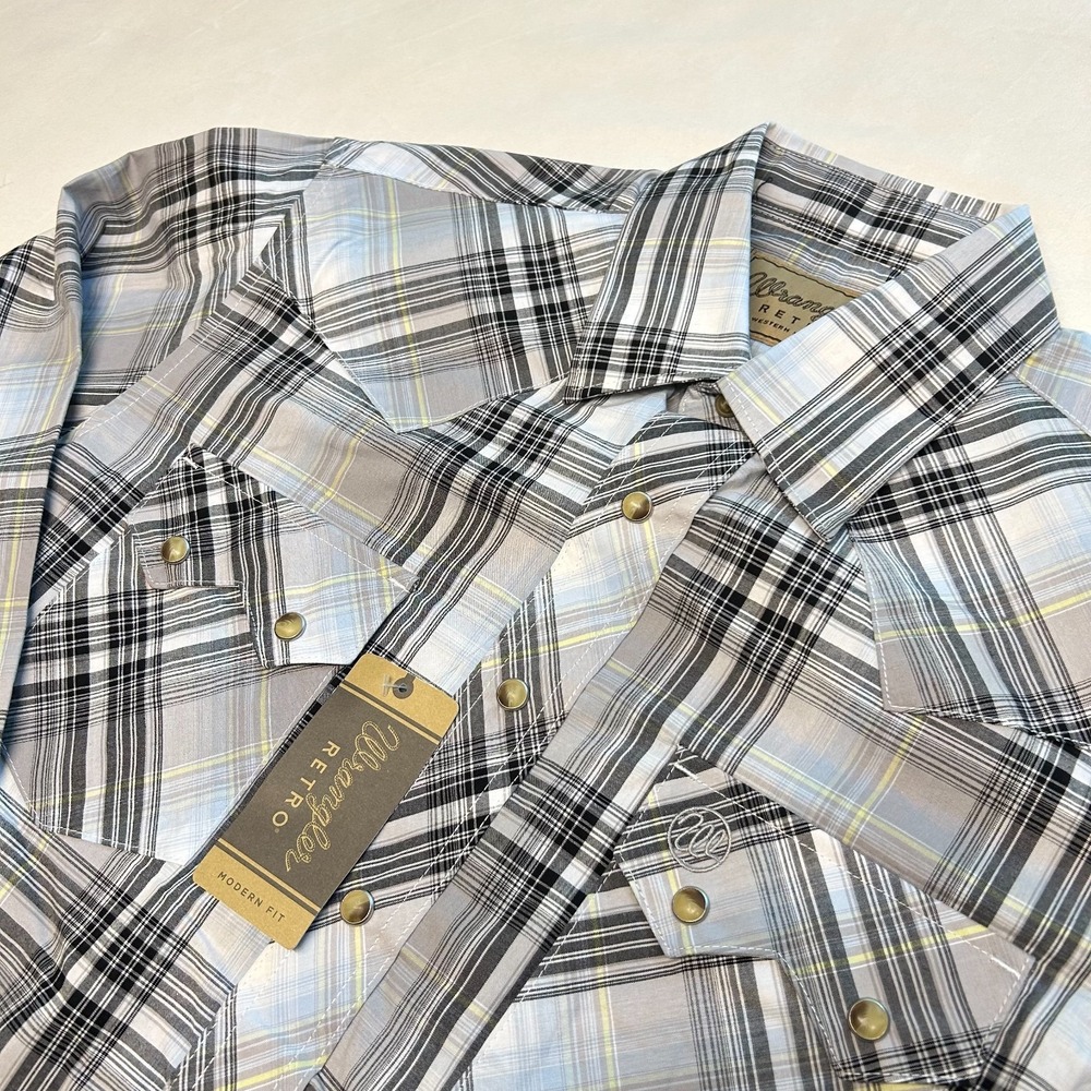 Wrangler Retro Western Shirt Mens Medium Gray Plaid Modern Fit Snap Front